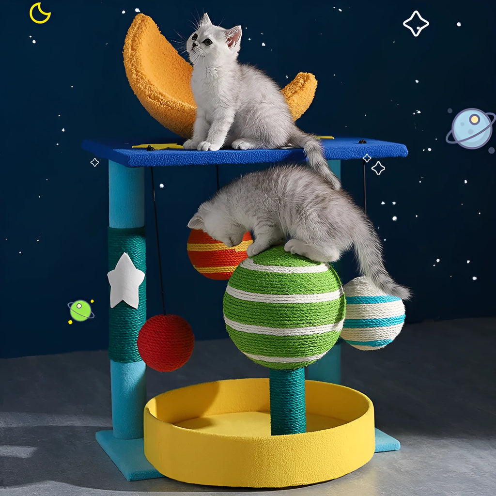 Star-shaped cat climbing frame in teddy velvet and sisal with nest and toy, cartoon style, medium and large sizes