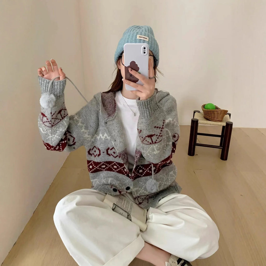Plus size women's loose fit brocade sweater coat with geometric pattern in milky white