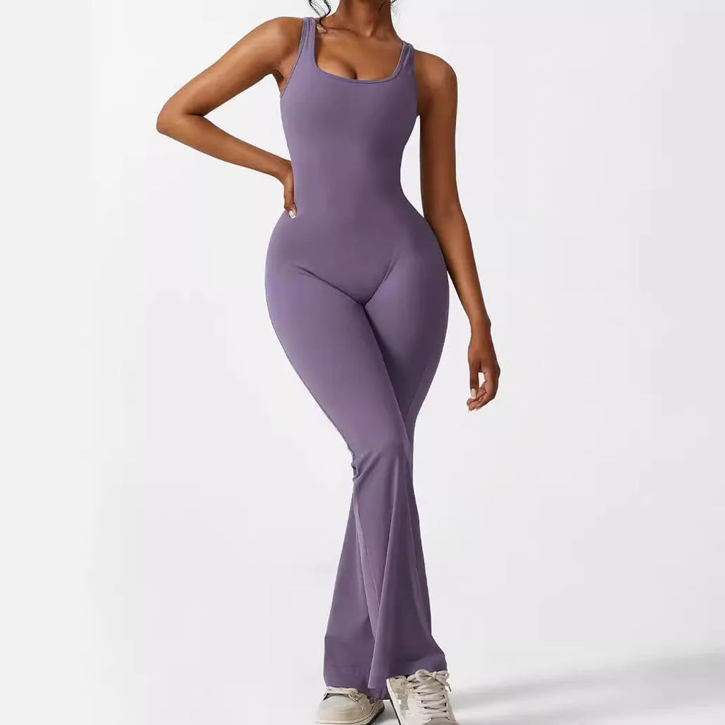 Women's sleeveless flare jumpsuit long pants in high-elasticity polyester for yoga and fitness
