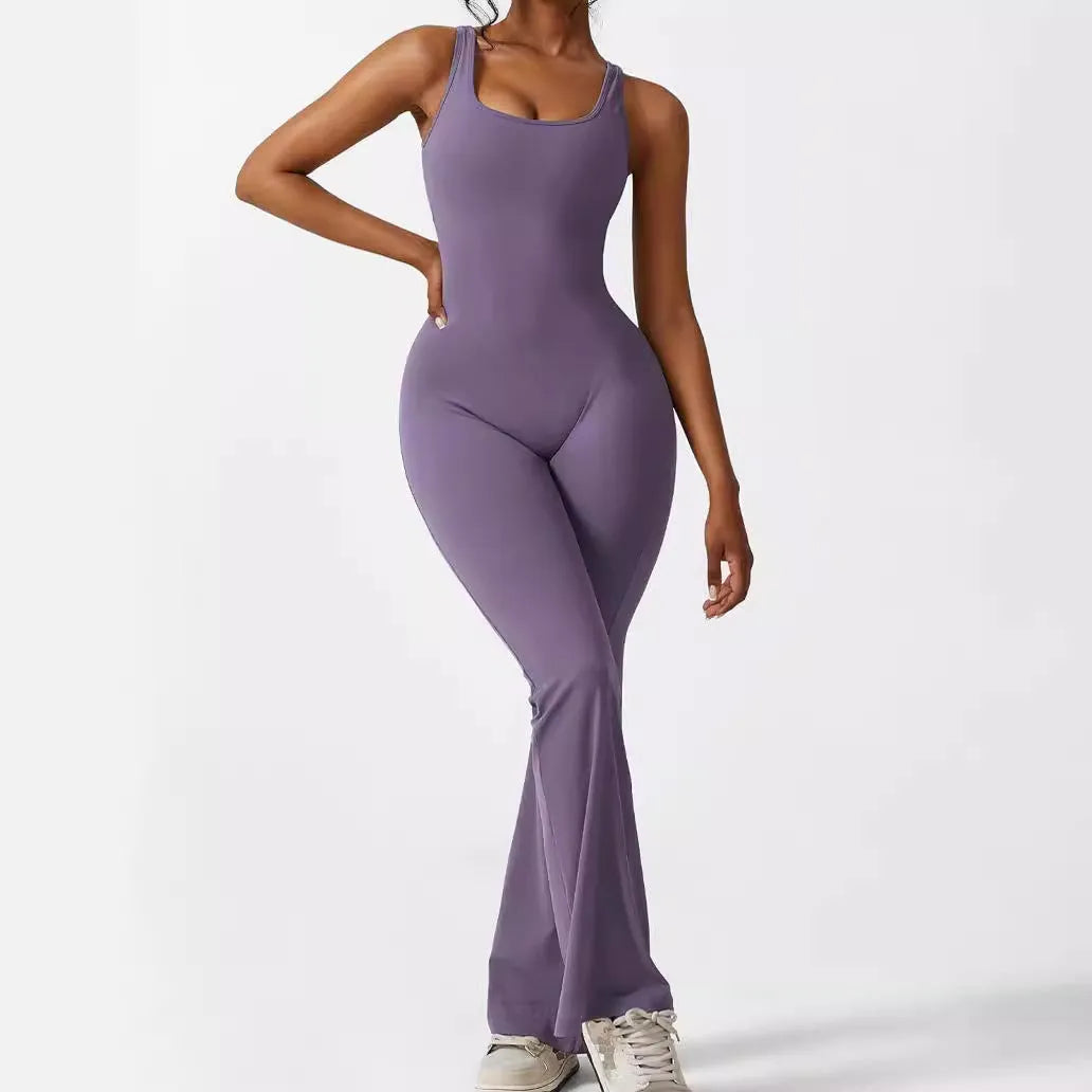 Women's sleeveless flare jumpsuit long pants in high-elasticity polyester for yoga and fitness