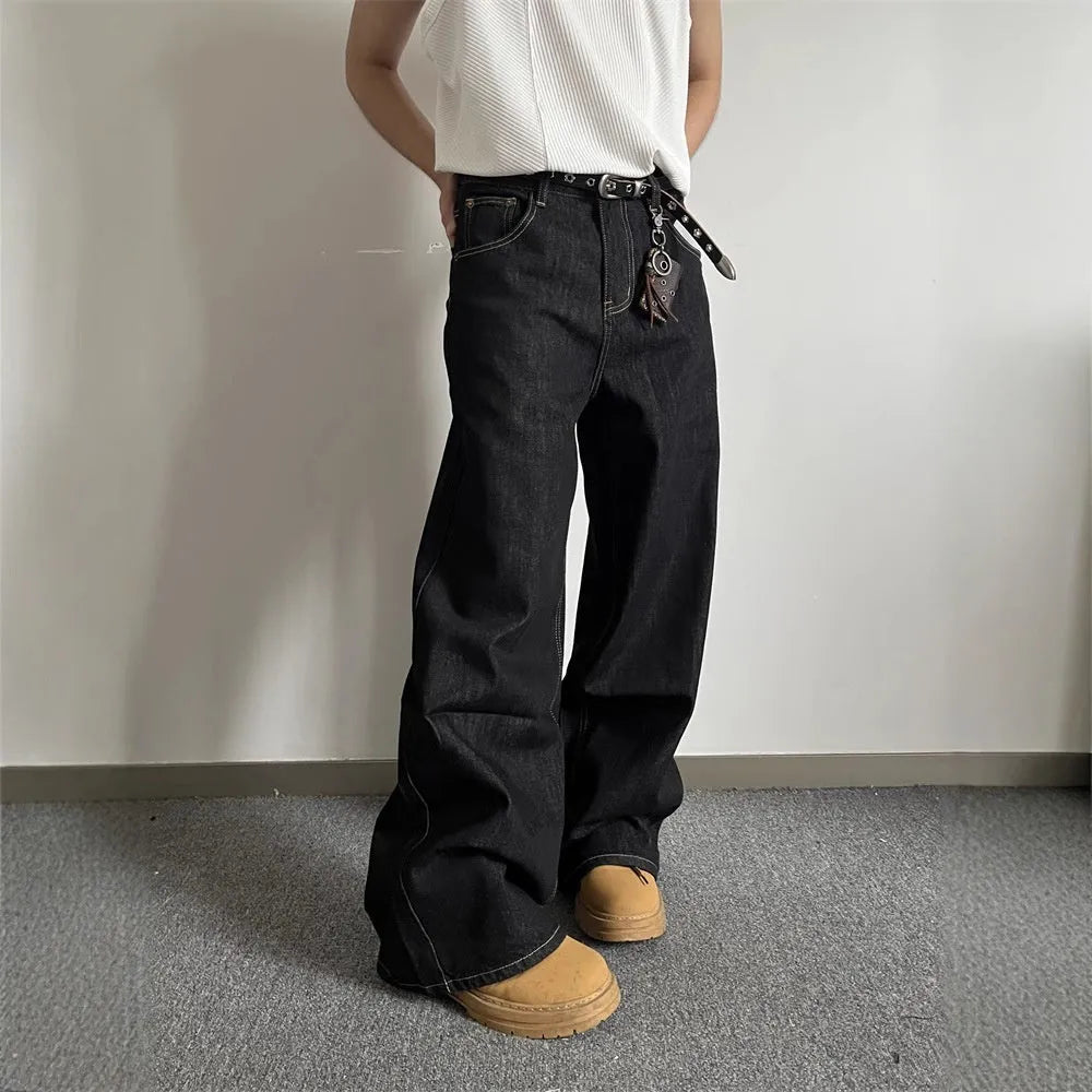 Retro black wide-leg jeans with straight-leg styling and zip fly opening