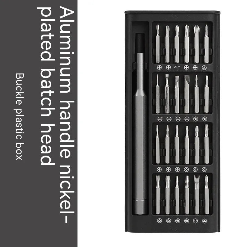 24 in 1 magnetic precision screwdriver set with aluminium handle, 125mm shaft, and 24 bits stored inside.