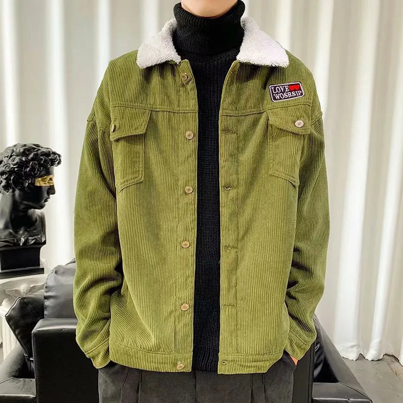 Men's loose fit corduroy workwear jacket in khaki, shown with a stick pocket and regular sleeves.