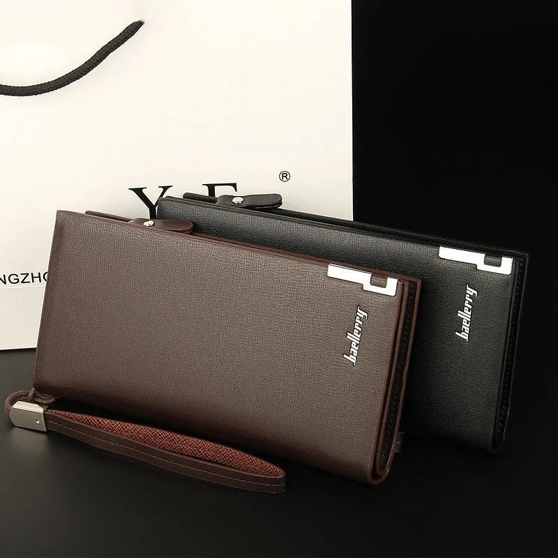 Men's black PU leather long wallet with zipper closure showing multiple card slots