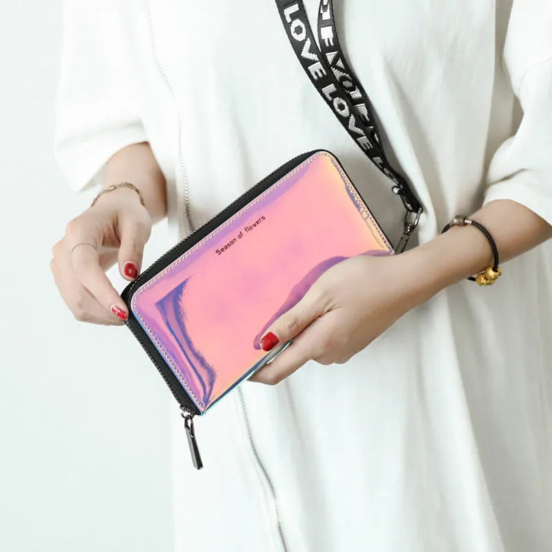 Women's short folding wallet with Korean style design showing crystal blue colour option