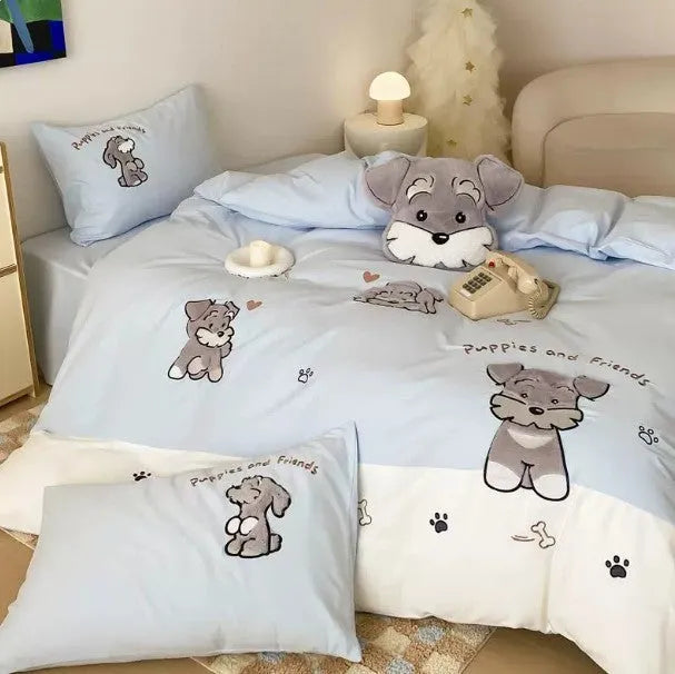 Cartoon Schnauzer embroidered pattern on a thickened cotton bedding set including quilt cover and pillowcases.