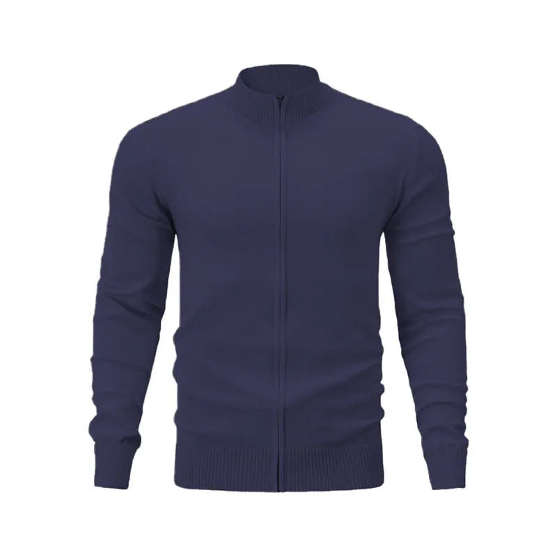 Men's apricot cotton zip-up cardigan with stand collar on a hanger.