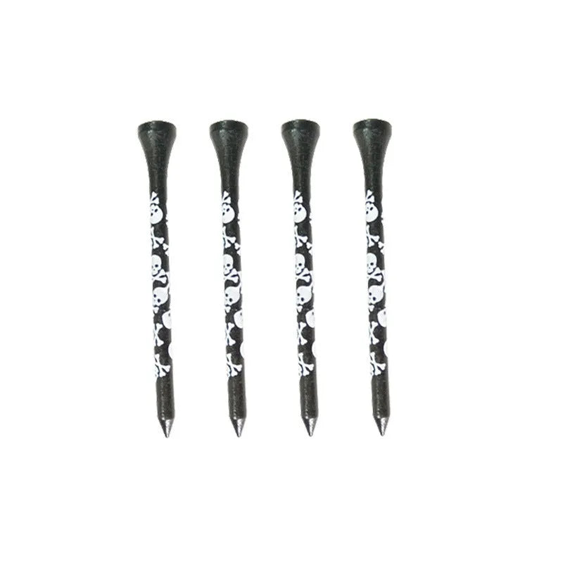 Black bamboo golf shoe dowel pins with skull print in 70mm and 83mm sizes, pack of 10