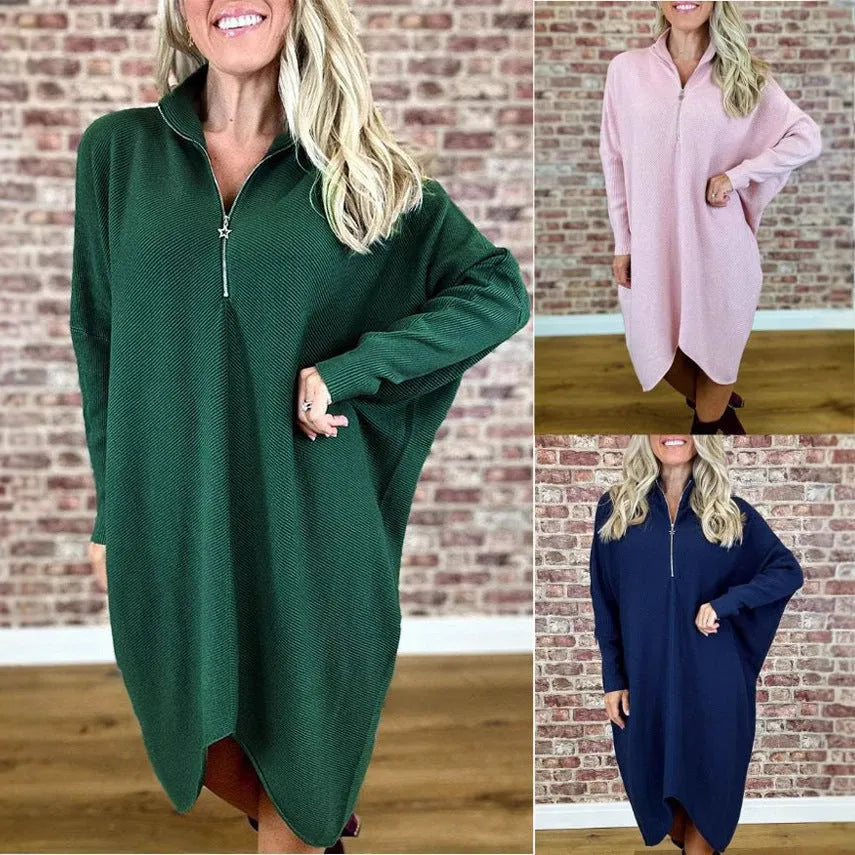 Women's solid colour knitted loose dress with raglan sleeves in dark green colour