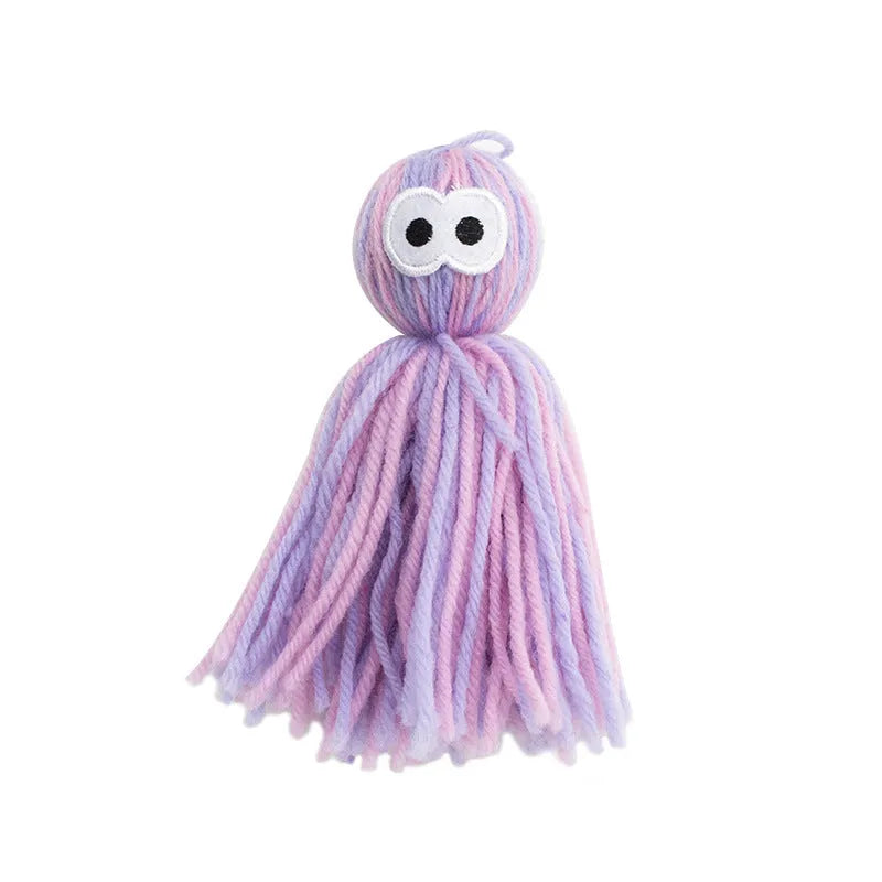 Bite-resistant hangable wool cat ball and teaser stick toy set for feline play and teeth grinding