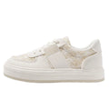 Beige plaid platform sports shoes with front lace-up and round toe.