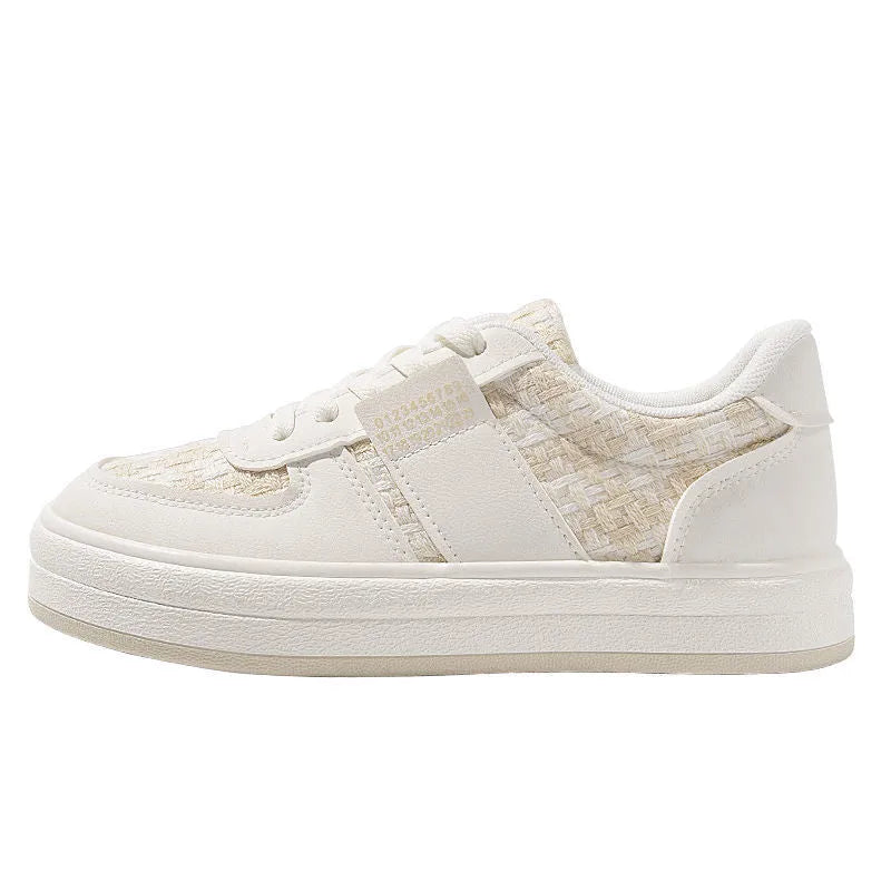 Beige plaid platform sports shoes with front lace-up and round toe.