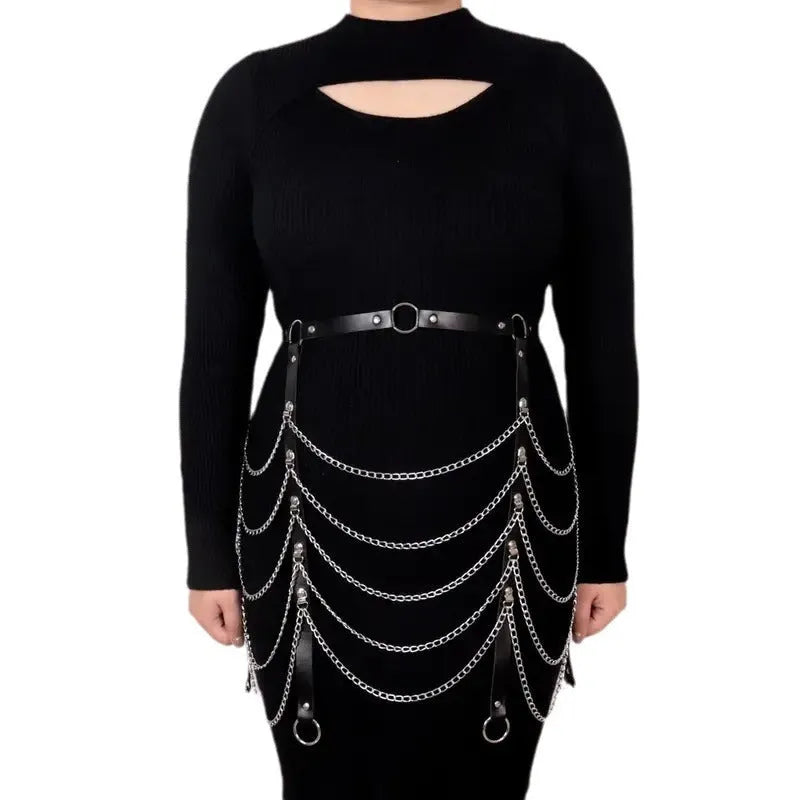 Black PU leather waist chain with bandage-style binding design for female fashion ornament