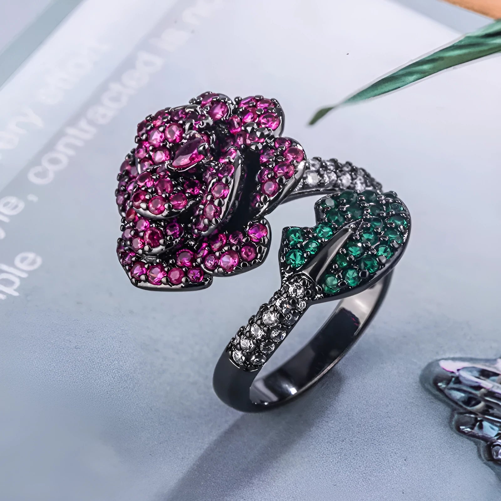 Geometric black gold ring with simulated red corundum stones for women