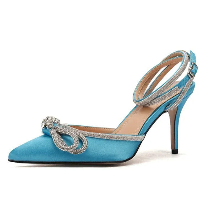 Women's black stiletto heel sandals with silk bandage back and buckle fastening, pointed toe.