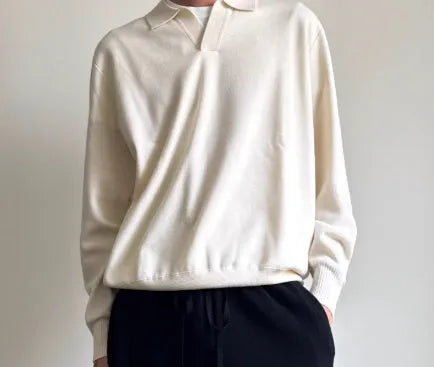 Men's pure wool polo sweater with lapel collar in milky white colour, loose fit with long sleeves