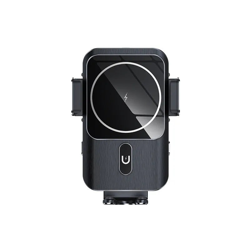 Black car wireless phone charger holder showing both clip and suction cup mounting options.
