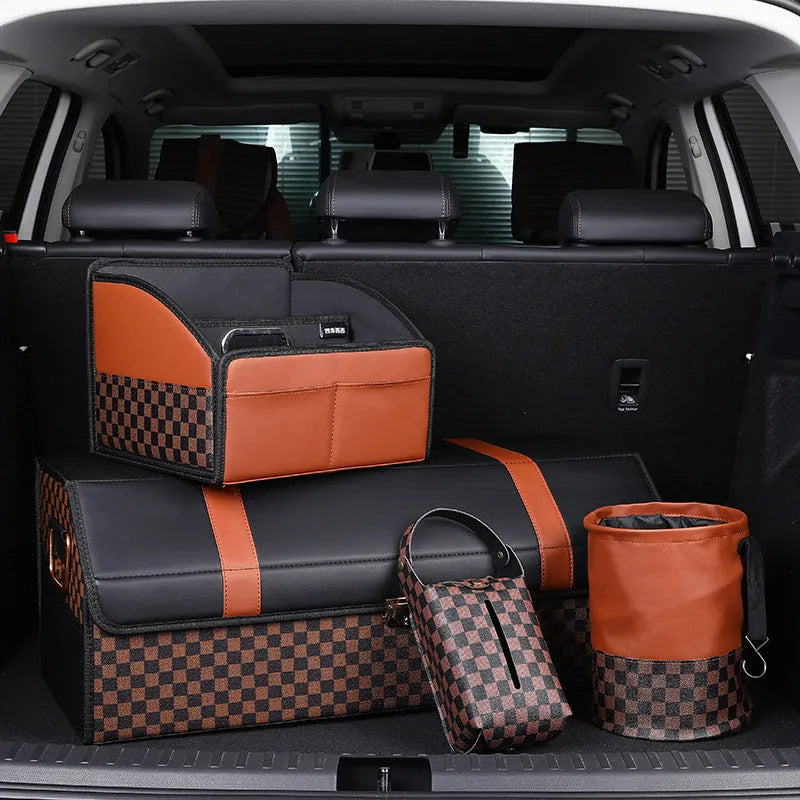 Retractable leather car trash can shown in folded and open states with handle.
