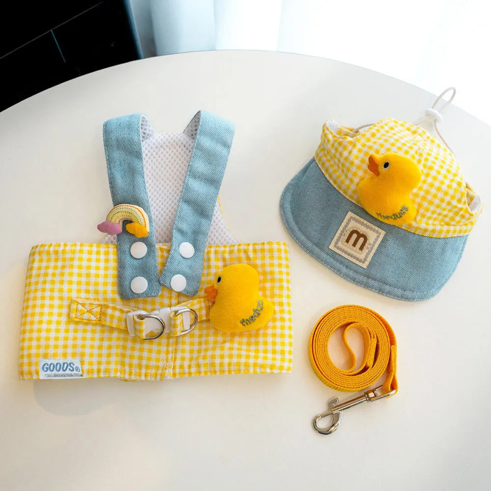 Three-piece pet harness set with colourful hat and wire rope leash for cats and small dogs