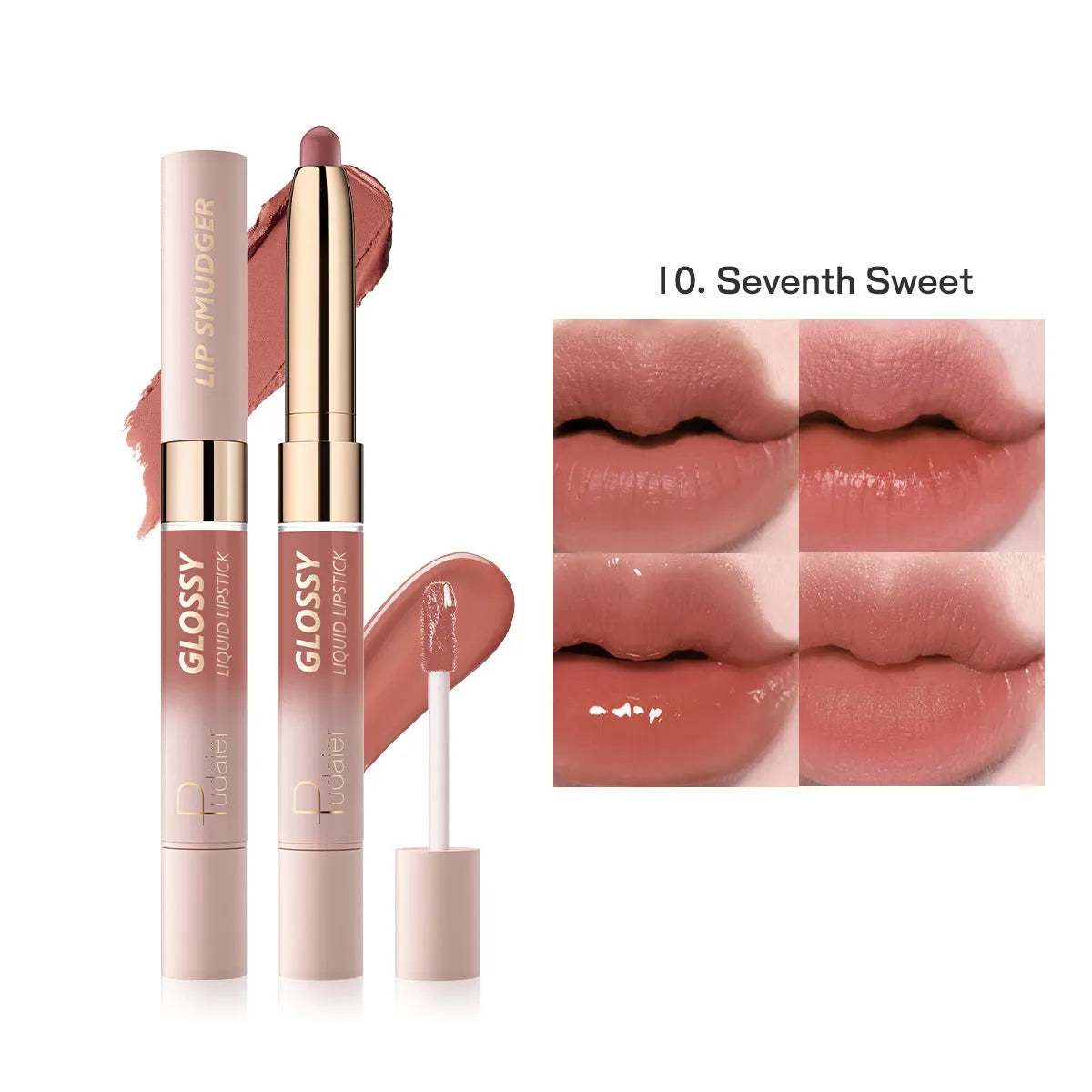 Double-headed lipstick and lip gloss product showing matte colour and gloss components