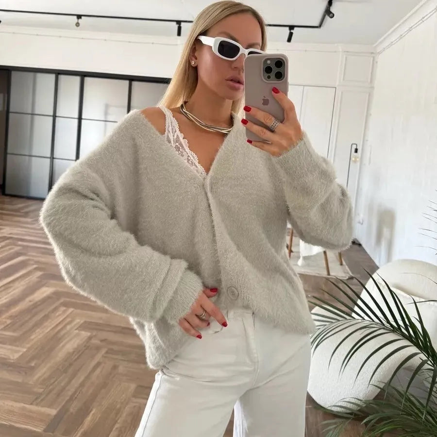 Women's loose V-neck button-front cardigan sweater in thick acrylic knit, 50cm length, sizes S-XL