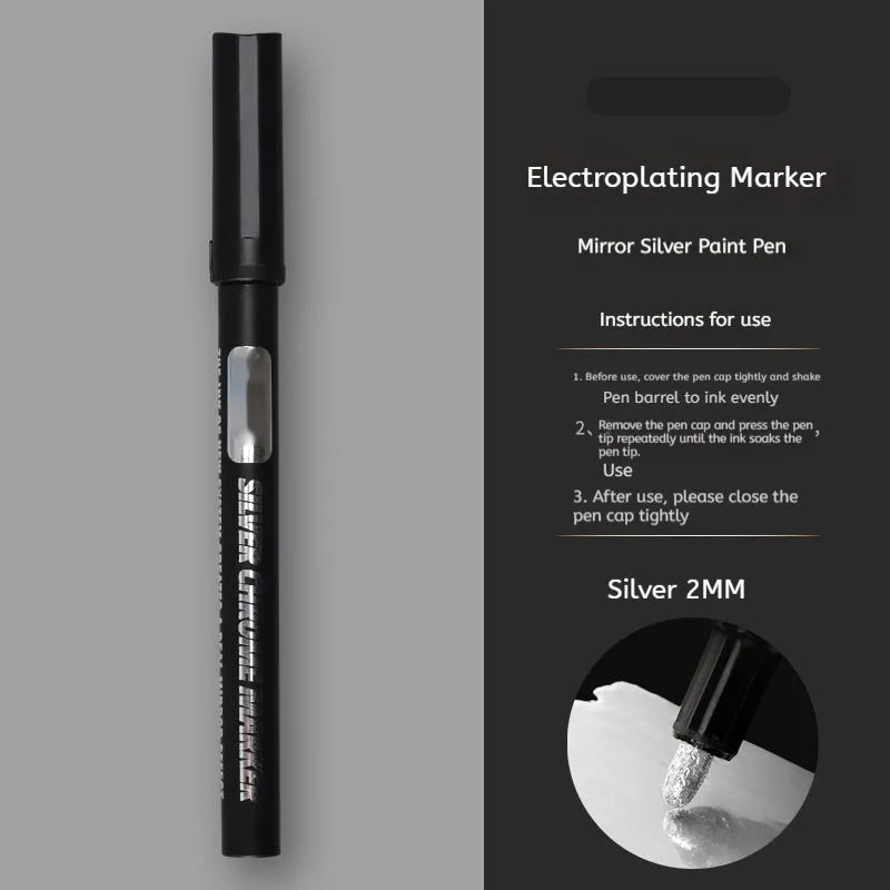 Waterproof mirror marker pen with plastic body, shown with 1mm and 2mm nib options.