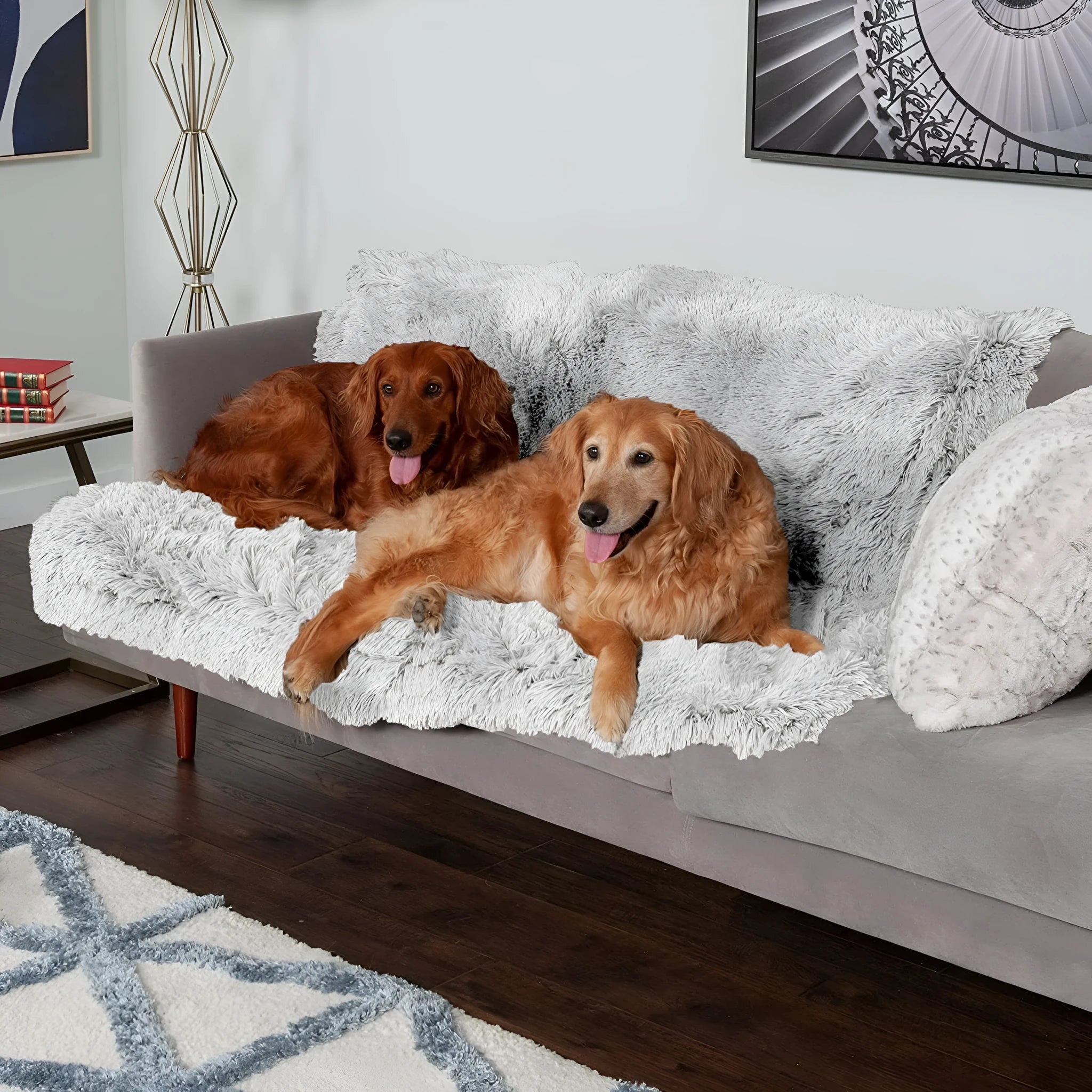Dark grey plush waterproof dog cushion blanket shown in a medium size.