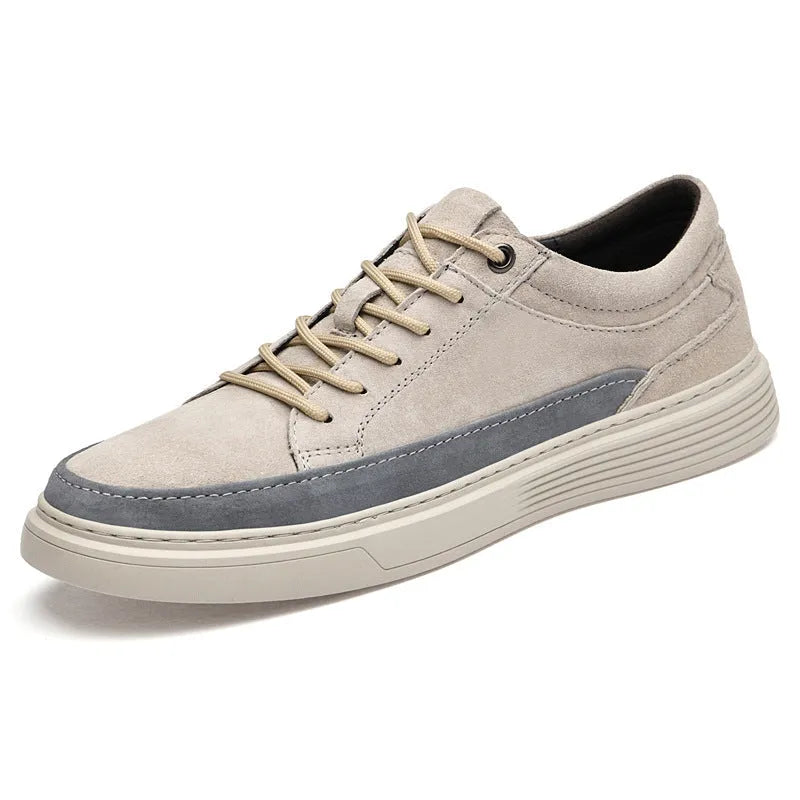 Men's grey casual leather skate shoes with rubber sole and round toe design