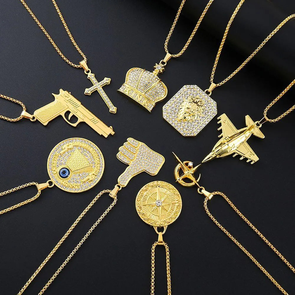 Gold-coloured geometric pendant necklace with inlaid zircon stones and alloy construction