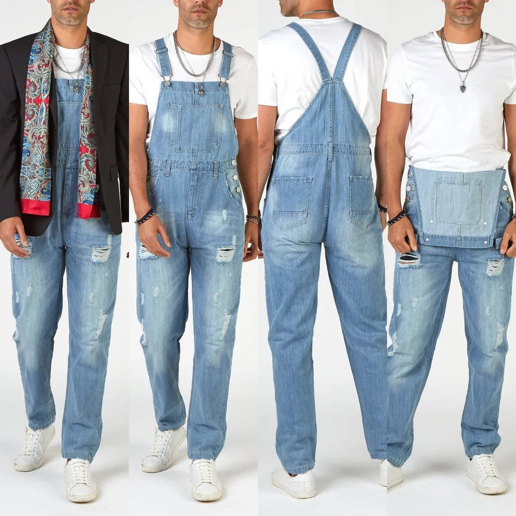 Light blue men's high-waisted jeans with button-on suspenders and a straight leg.