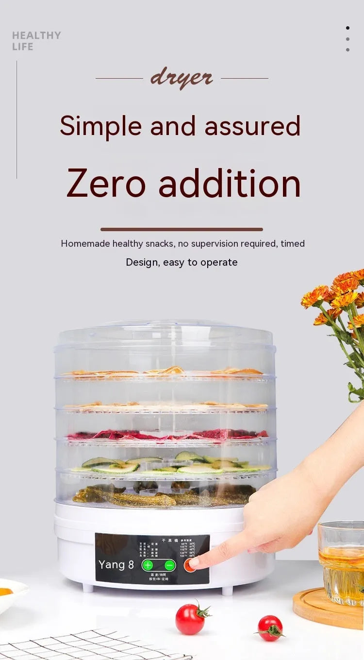 Five-layer household fruit dehydrator food dryer with multiple drying trays and adjustable temperature control