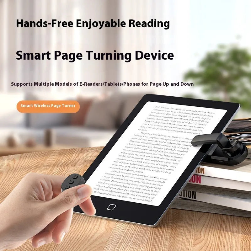 Wireless page turner remote control with clicker for e-readers and tablets in black, white, or pink.