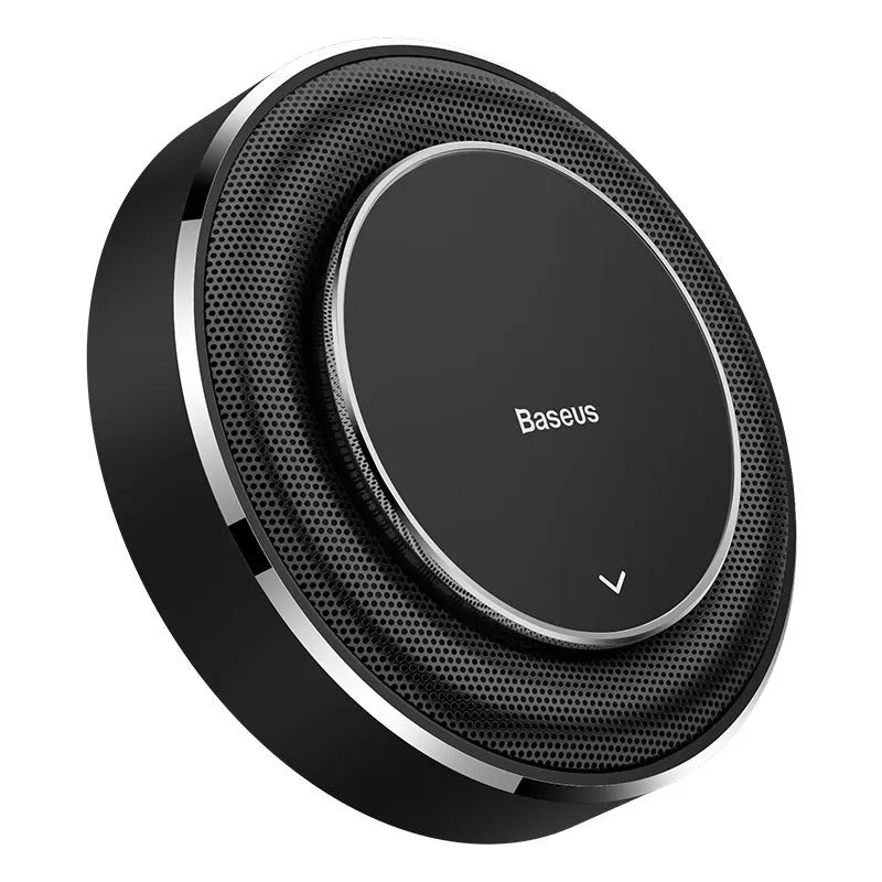 Round aluminium alloy car fragrance holder in black, red, or silver with four replacement tablets