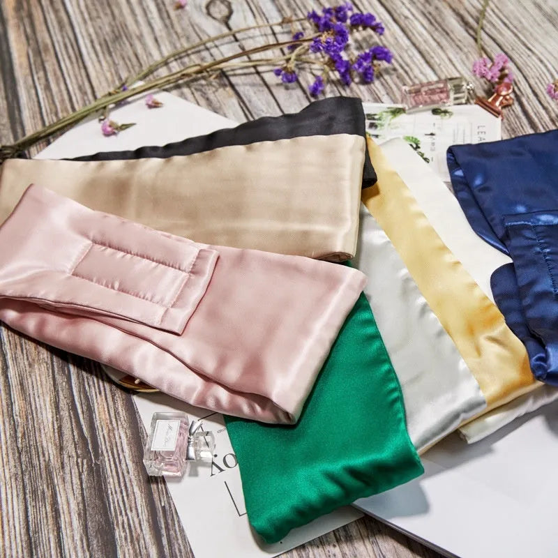 Mulberry silk sleep eye mask shown in champagne gold colour for light blocking and breathable comfort