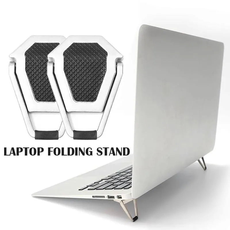 Portable aluminium alloy folding laptop bracket in silver and white colours with 3M adhesive backing