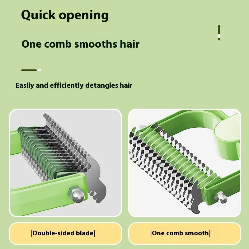 Green and grey dog detangling comb with stainless steel teeth and plastic handle in large and small sizes