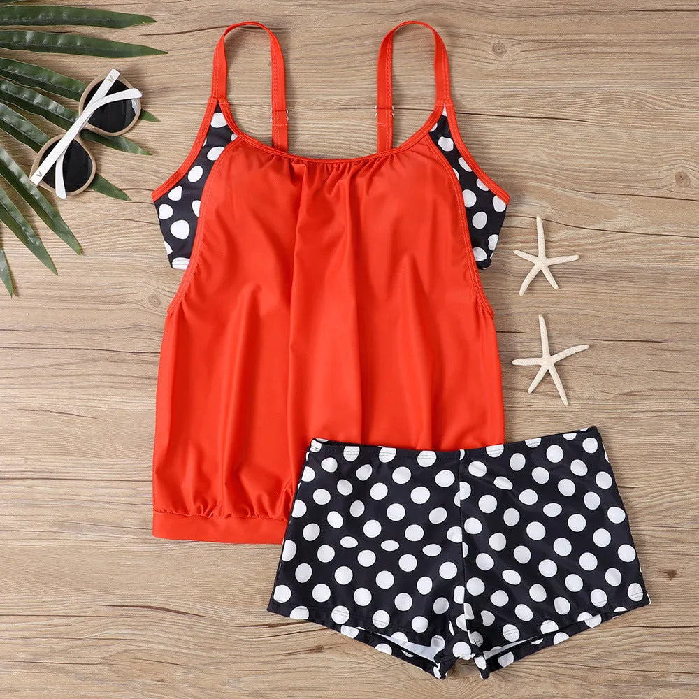 Women's polka dot print boxer swimsuit with high waist briefs in polyester fabric