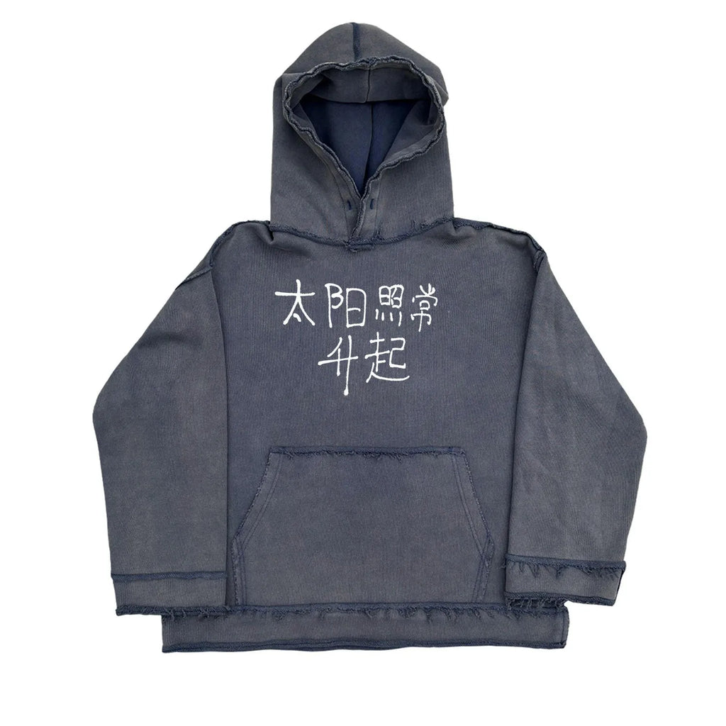 Dark blue hoodie sweater with back design detail shown in M, L, and XL sizes