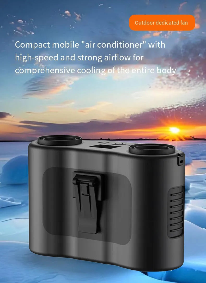 Black portable waist-hung fan with lanyard, showing top control button and air vents.