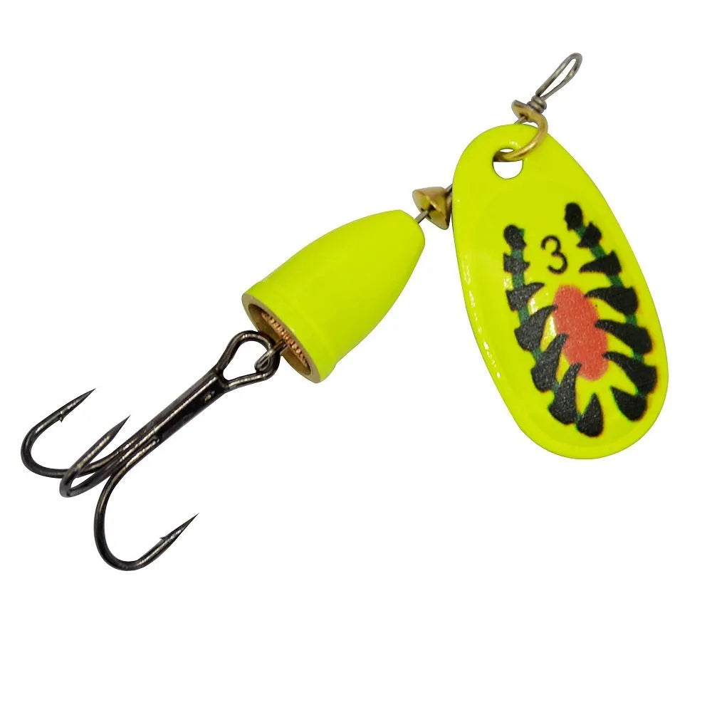 Rotating composite sequin copper bell metal fishing lure in seven colour variations on tackle background