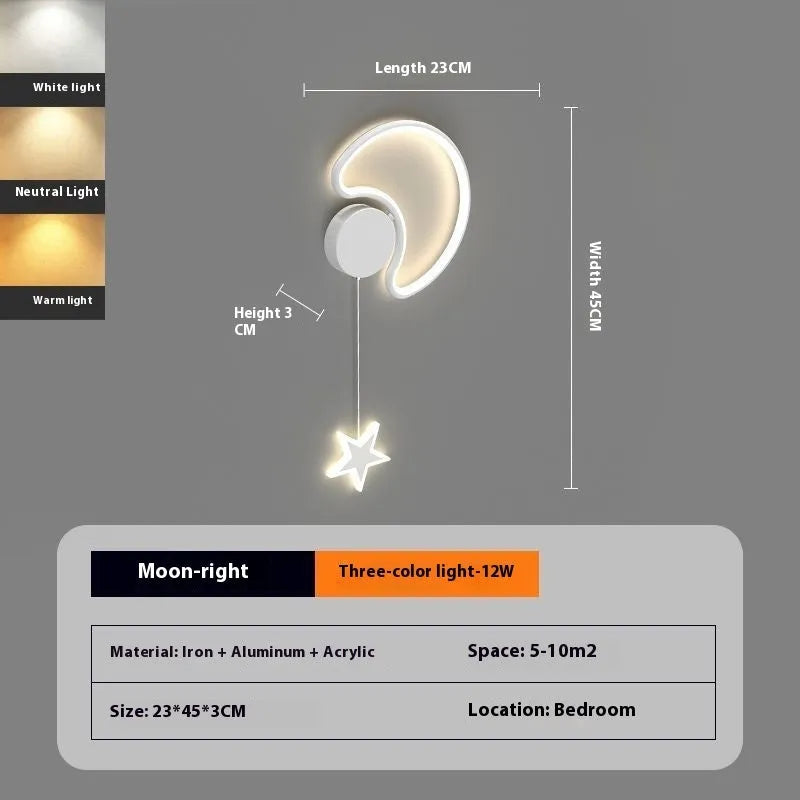 Cartoon cloud, moon and five-pointed star shaped bedside wall lamp for a children's bedroom in black or white.