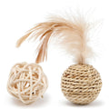 Two cat toys including a hollow rattan ball and a faux feather ball with bells for interactive kitten play