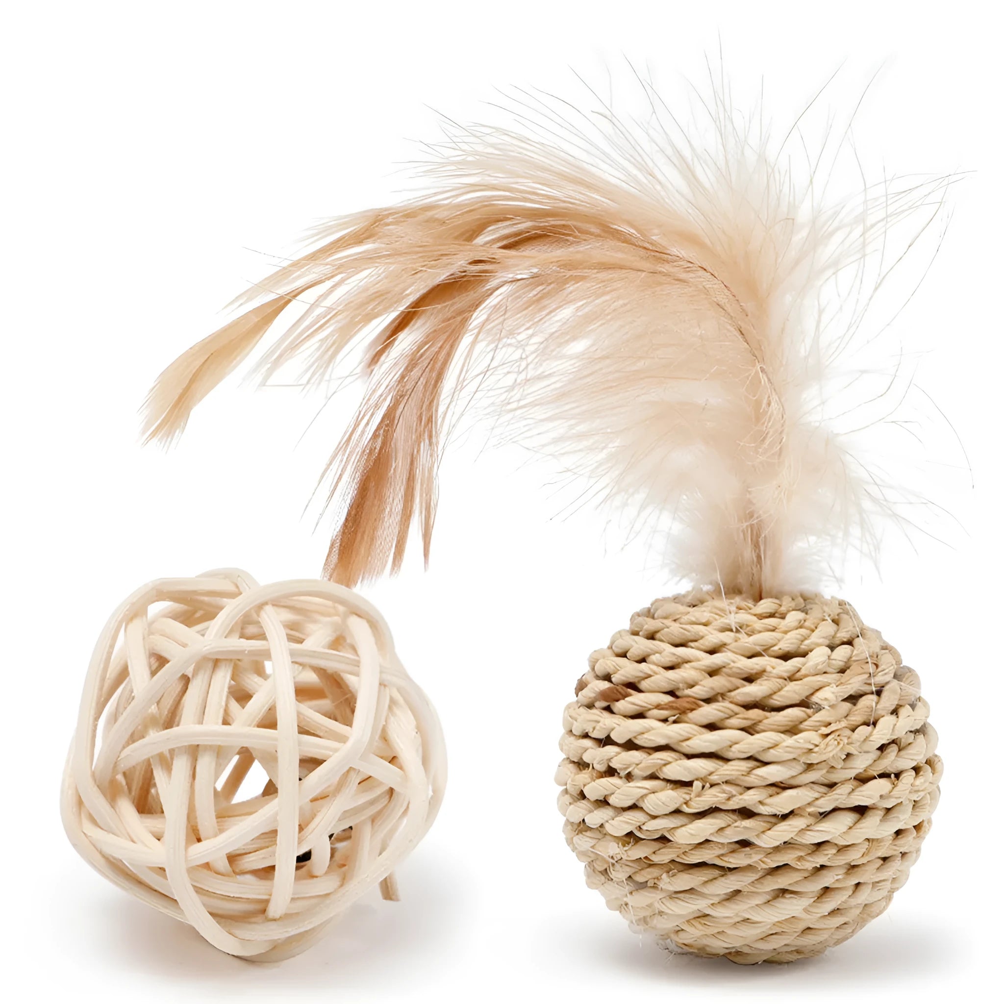 Two cat toys including a hollow rattan ball and a faux feather ball with bells for interactive kitten play