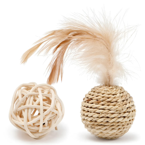 Two cat toys including a hollow rattan ball and a faux feather ball with bells for interactive kitten play