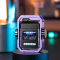 Blue zinc alloy windproof arc lighter with folding design and visible rotary gyroscope mechanism
