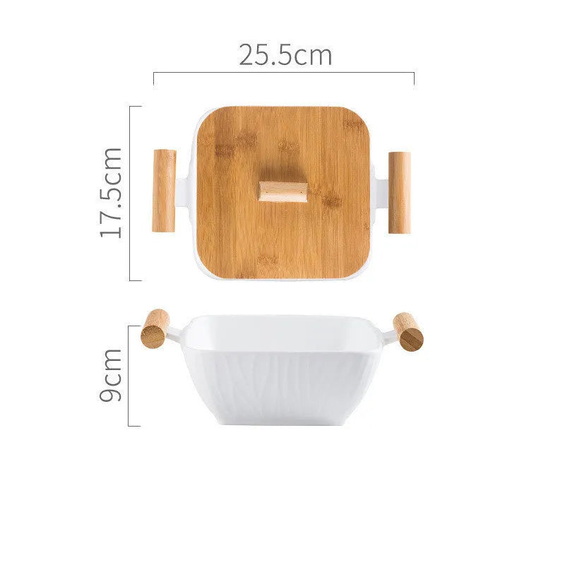 Porcelain ceramic bowl with matching lid in irregular shape design