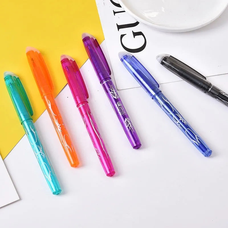 A set of heat-erasable gel pens with plastic barrels and stainless steel nibs, shown in multiple colours.