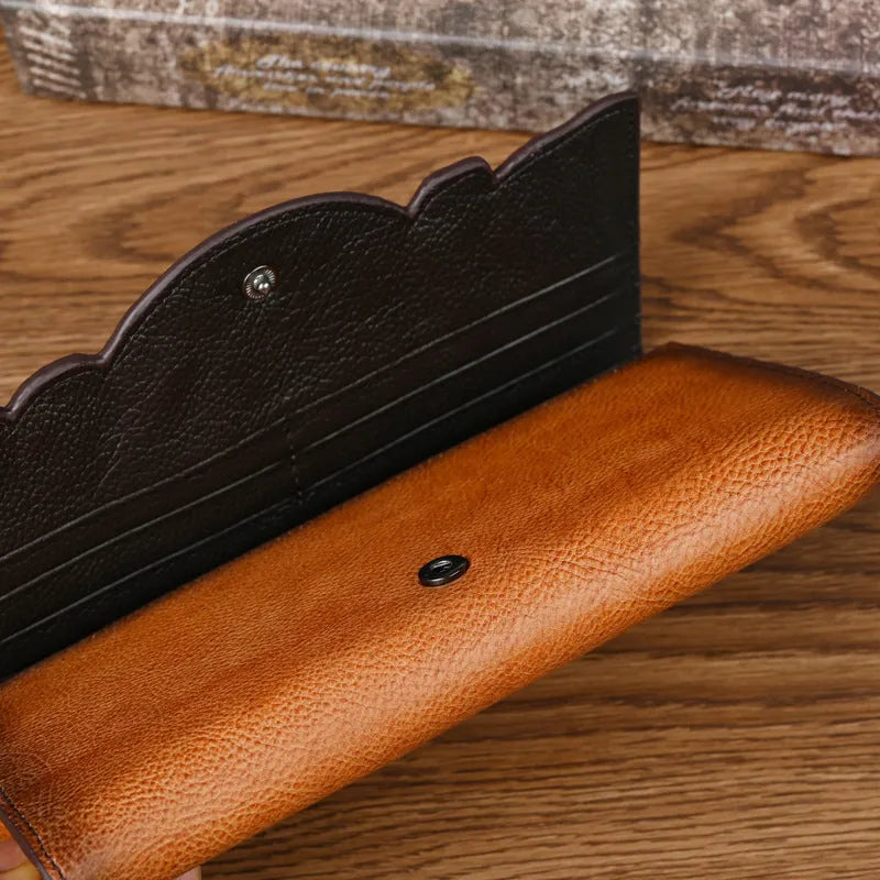 Chinese-style floral embossed tri-fold women's wallet in retro brown cowhide leather