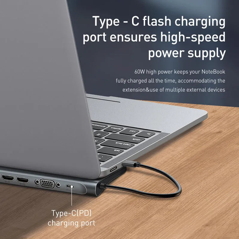 Grey aluminium ten-port laptop docking station with cooling bracket showing HDMI, VGA, and USB ports