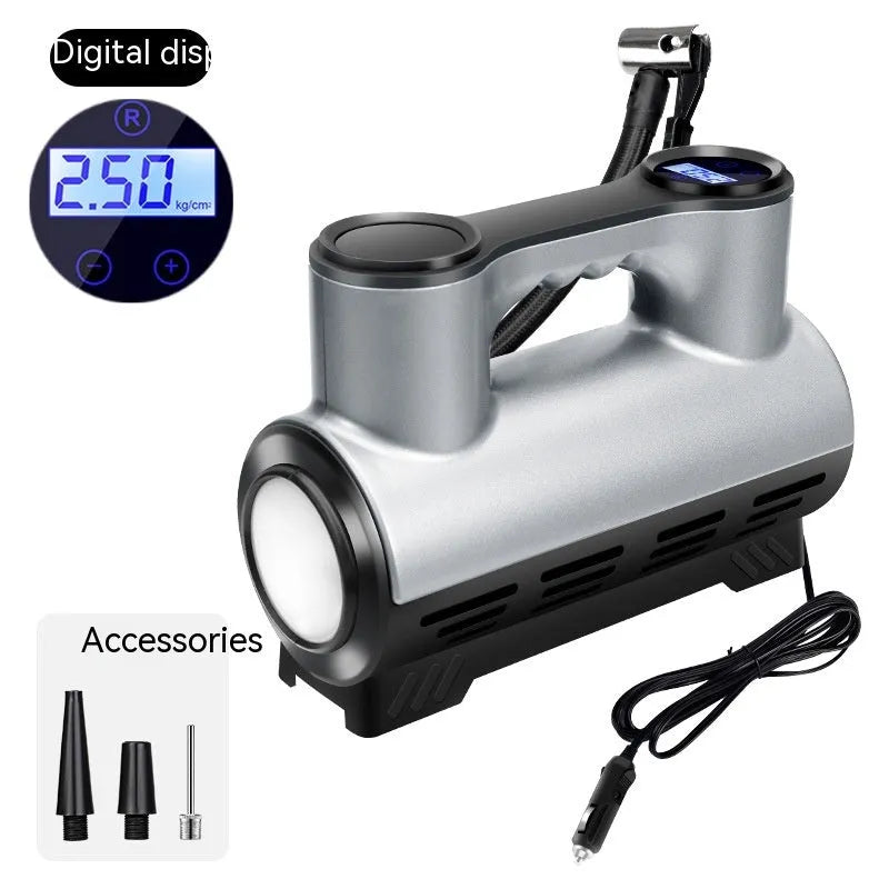 12V portable car tyre inflator with digital display showing pressure reading